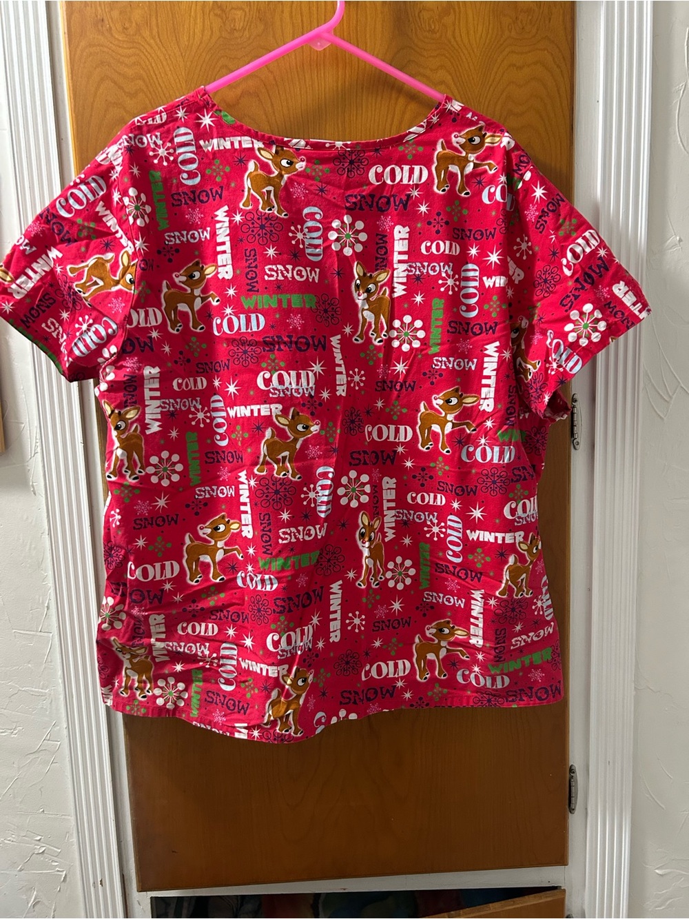 Festive Pink Rudolph the red nose Reindeer scrub top - Picture 2 of 5